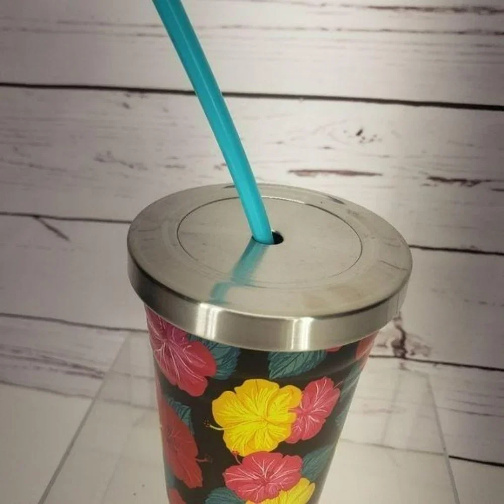 Hawaiian Floral Print Stainless Steel Tumbler Cold Cup Hibiscus Flowers 17 Fl Oz